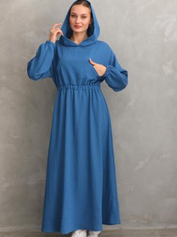 İndigo Yazlık Keten Spor Kapüşonlu Belden Büzgülü Cepli Elbise