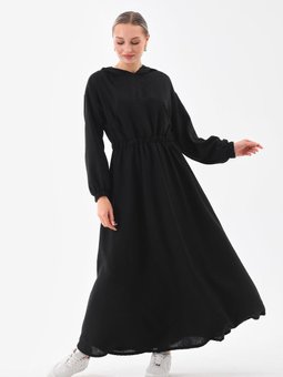 Siyah Yazlık Keten Spor Kapüşonlu Belden Büzgülü Cepli Elbise