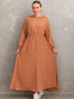 Taba Yazlık Keten Spor Kapüşonlu Belden Büzgülü Cepli Elbise