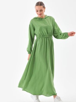 Yağ Yeşili Yazlık Keten Spor Kapüşonlu Belden Büzgülü Cepli Yeşil Elbise
