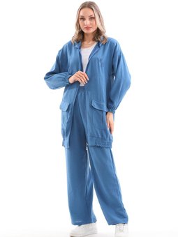 Yazlık Trenç Pantolon Alt Üst İkili Keten Takım Petrol