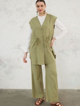 Belden Bağcıklı Keten Yelek