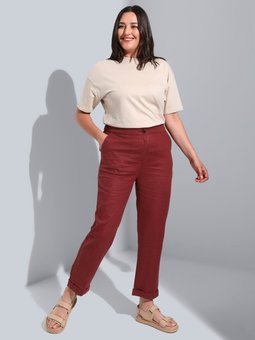 Büyük Beden Beli Lastikli Keten Çikolata Kahve Pantolon