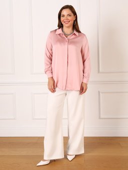 Gül Kurusu Büyük Beden Düğme Detaylı Saten Tunik