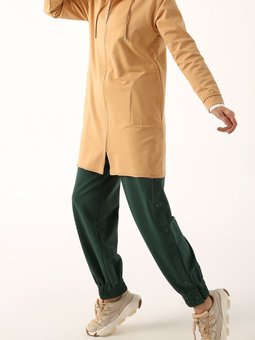 Açık Bej Pis Dikişli Fermuarlı Kapüşonlu Hırka