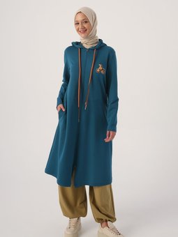 Açık Petrol Nakışlı Kapüşonlu Rahat Hırka