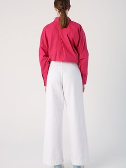 Beyaz %100 Pamuk Yüksek Bel Bol Paça Pantolon