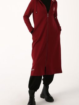 Bordo Baskılı Kapüşonlu Hırka