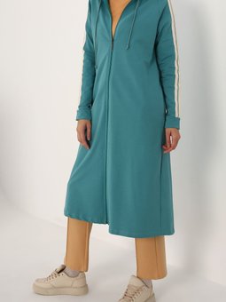 Cam Göbeği Kolları Şeritli Kapüşon Fermuarlı Hırka