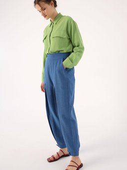 İndigo Pileli Paçası Düğme Detaylı Pantolon