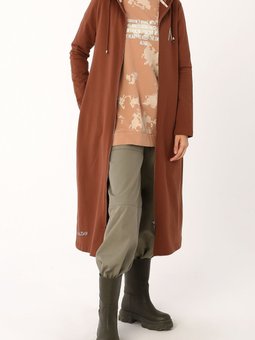 Kahve Baskılı Kapüşonlu Hırka