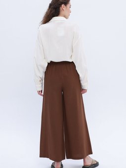 Kahve Geniş Paça Keten Pantolon
