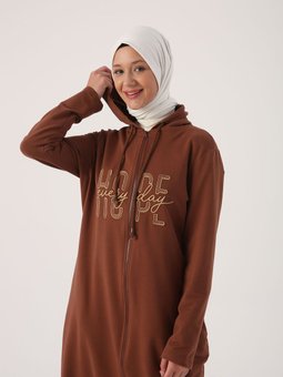 Kahve Kapüşonlu Aplike Nakışlı Fermuarlı Hırka