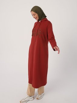 Kiremit Kapüşonlu Aplike Nakışlı Fermuarlı Hırka