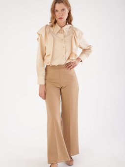 Koyu Bej Ütü İzli Bol Paça Yandan Fermuarlı Pantolon