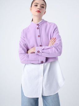 Lila Hakim Yaka Düğmeli Pamuk Keten Kısa Ceket