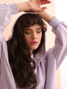 Lila Ribanalı Kanguru Cepli Oversize Hırka