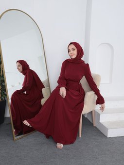 Nil Fırfır Manşetli Beli Kuşaklı Tesettür Elbise