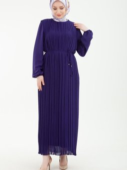 Pilise Detaylı Kolları Lastikli Elbise Mor 23kt905