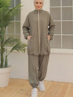 Üst Fermuarlı Beli Lastikli Çizgili İkili Takım Haki 24yt616