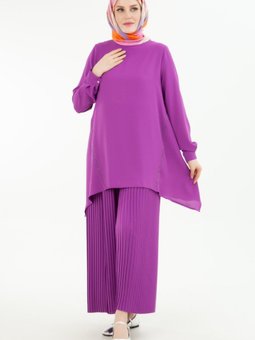 Armine Trend Yanları Nakış Detay Tunik Pilise Pantolonlu İkili Takım Erguvan 24yt635