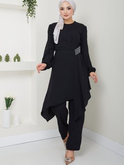 Asimetrik Taşlı Kombin 2527 Siyah