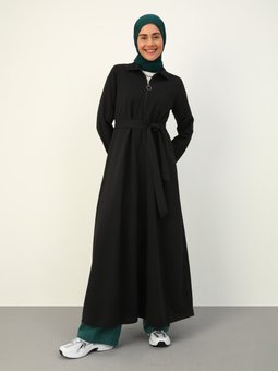 Fermuar Detaylı Şık Kuşaklı Kap / Siyah Pardesü