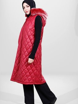 Fuşya Akca Kürk Kapüşonlu Kapitone Detaylı Kap