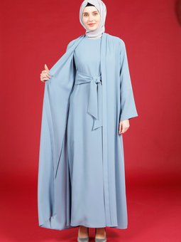 İndigo Önü Bağlamalı Geniş Manşet Renk Abaya