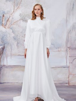 Beyaz Şifon Kuyruklu Abiye Elbise