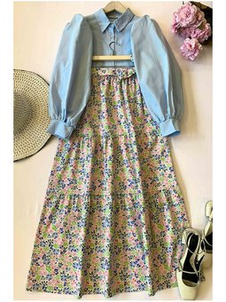 Desenli Kat Kat Etek & Balon Kol Crop Gömlek Pembe Takım