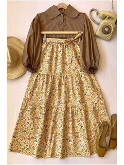 Desenli Kat Kat Etek & Balon Kol Crop Gömlek Sarı Takım