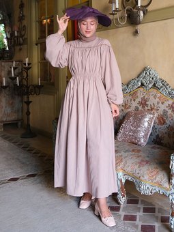 Gül Organik Keten Büzgülü Gul Kurusu Elbise