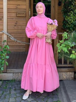 Önü Düğmeli Balon Kol Pembe Elbise I Melek