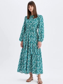 Bisiklet Yaka Desenli Viskon Uzun Kollu Maxi Elbise D2778ax24hs