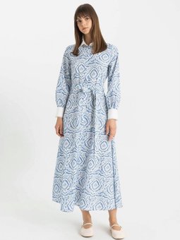 Desenli Uzun Kollu Poplin Maxi Elbise C9719ax24hs