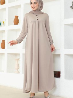 Düğme Detaylı Robalı Elbise Bej 705