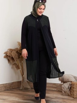 Kadin Buyuk Beden Yelek Anne Uzun Ve Tasli Haki