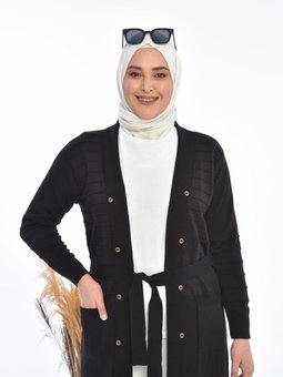 Kadin Hirka Tesettur Uzun V Yaka Orgu Desen Triko Siyah