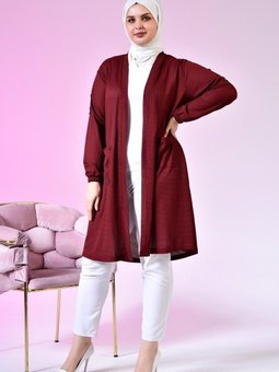 Kadin Tesettur Petek Kumas Uzun Hırka Kolları Dugmeli Bordo