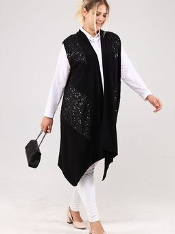 Tesettur Kadin Buyuk Beden Yelek Pulpayetli Siyah