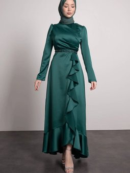 Kemeri Taşlı Önden Piliseli Tesettür Abiye Elbise