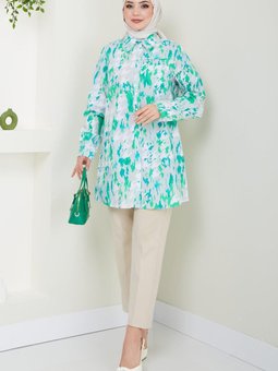 Kazayağı Desenli Cepli Büyük Beden Tunik Yeşil Hm2416