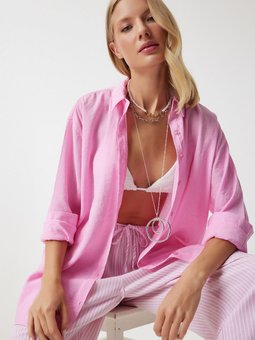 Pembe Oversize Uzun Keten Ayrobin Gömlek To00141