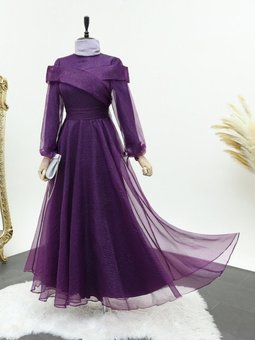 Kolu Bağcıklı Hakim Yaka Simli Tül Abiye Elbise