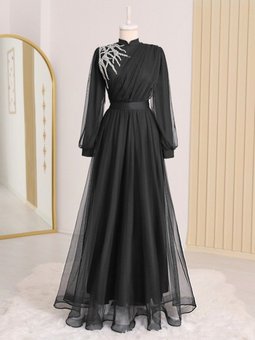 Önü Taş Detaylı Drapeli Kemerli Tül Abiye Elbise