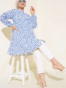 Çiçek Desenli Tunik Mavi