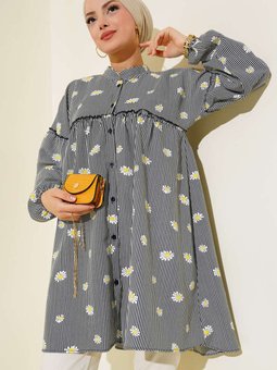 Papatya Desenli Kat Tunik Çizgili Siyah