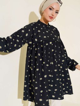 Papatya Desenli Kat Tunik Sıyah