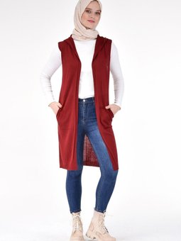 Bordo Kapüşonlu Çift Cepli Uzun Yelek 4299